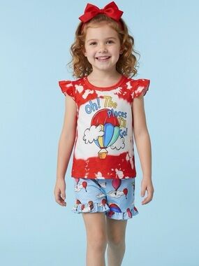 NWT Toddler Girls Red Blue Shorts & Short Sleeve Tee Dress Seuss” - Size 3/4T